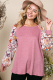 WOVEN FLORAL SLEEVE MIXED TOP