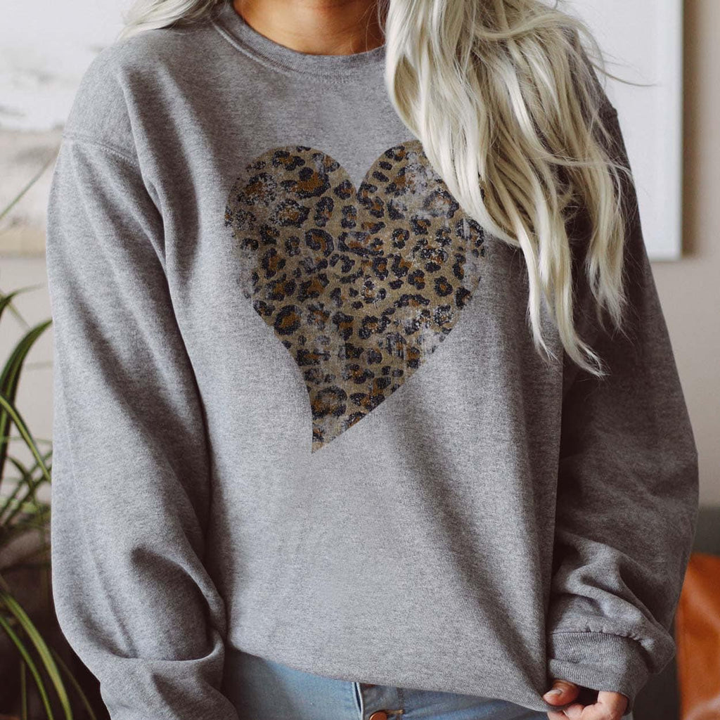 Good & Well Boutique Distressed Leopard Heart Sweatshirt Small